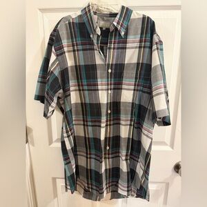 Button-Down Short Sleeve Plaid Shirt - Black, White & Teal